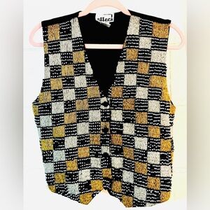Vintage Effeci Black Gold Sequin Beaded‎ Checkered Vest Retro Glam Party Y2K S